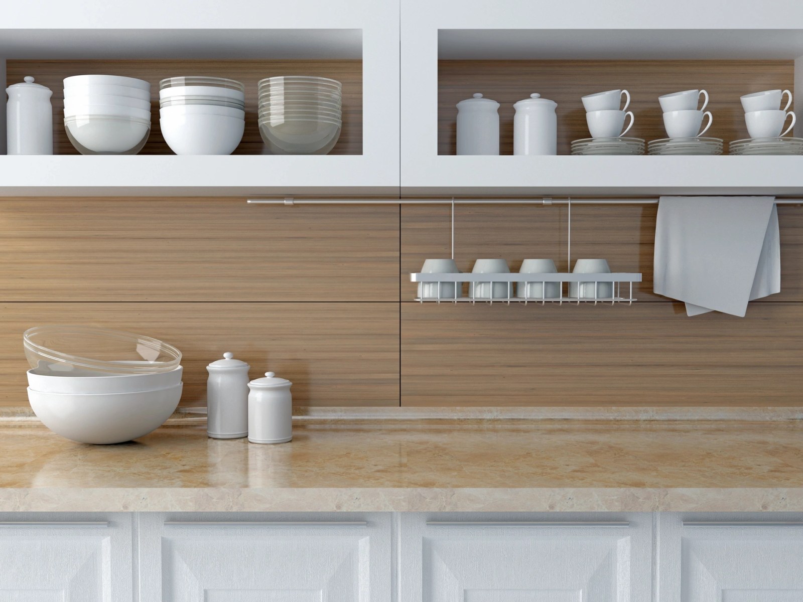 Pale wood and white cabinetry with open shelving above a cream stone countertop