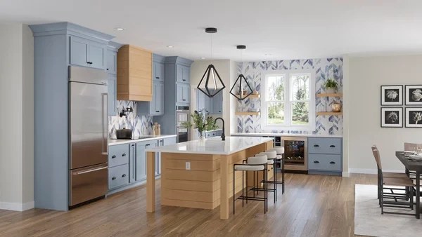 Waypoint kitchen in soft blue with a natural oak island, open shelving and black pendant lights