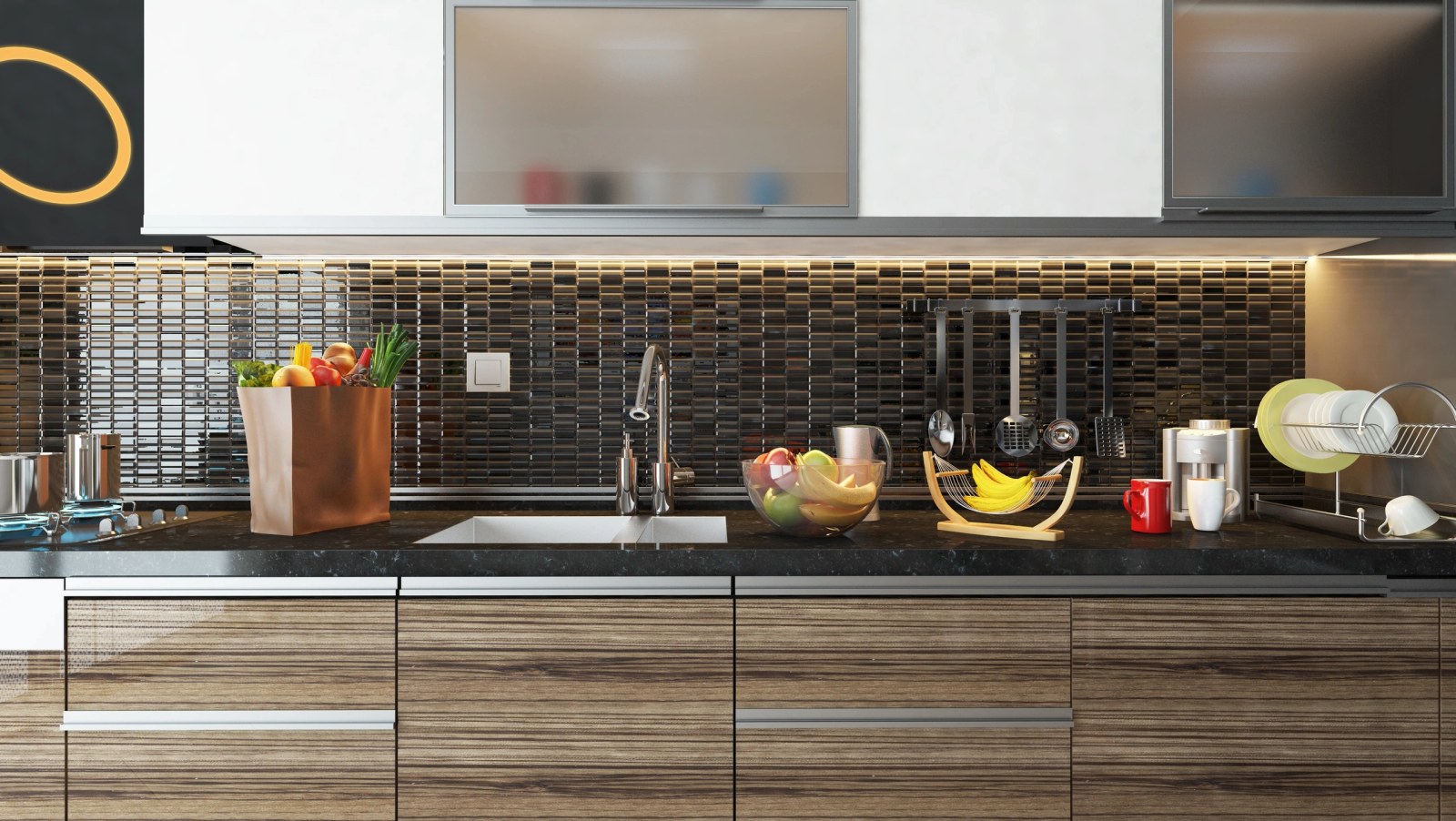 Contemporary kitchen with wood grain cabinet fronts, dark stone countertops and a glass mosaic backsplash